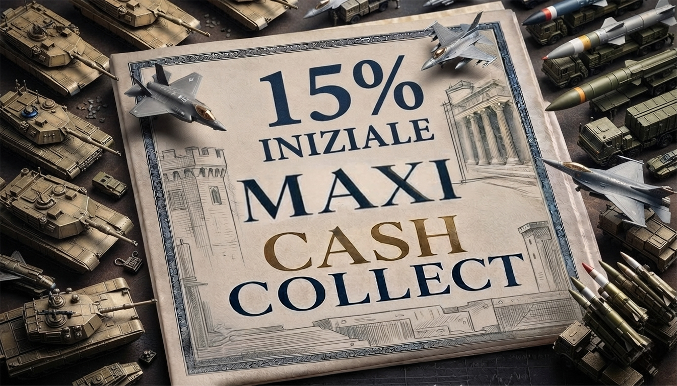 scritta 15% iniziale maxi cash collect. Sullo sfondo missili, carro armati, aerei