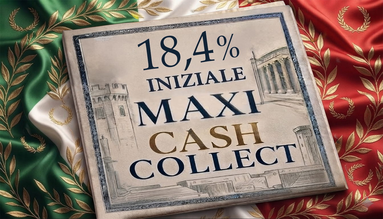 sfondo con bandiera italiana con scritta sopra 18,4% iniziale maxi cash collect