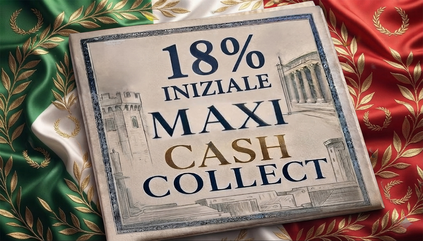 18_iniziale_italia scritta "18% iniziale maxi cash collect" con una bandiera italiana sullo sfondo