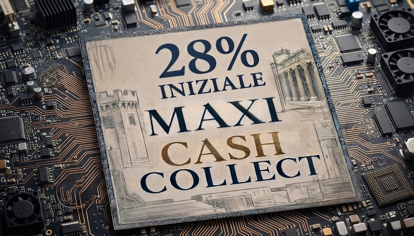 targa con scritto 28% iniziale maxi cash collect. sullo sfondo un chip che occupa tutto lo spazio