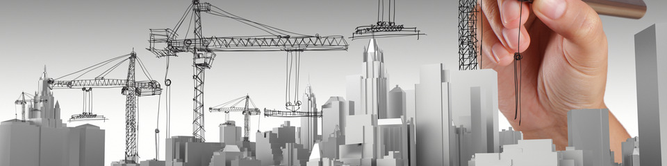 Modello 3d stilizzato di una città in costruzione, gru e progettista che disegna