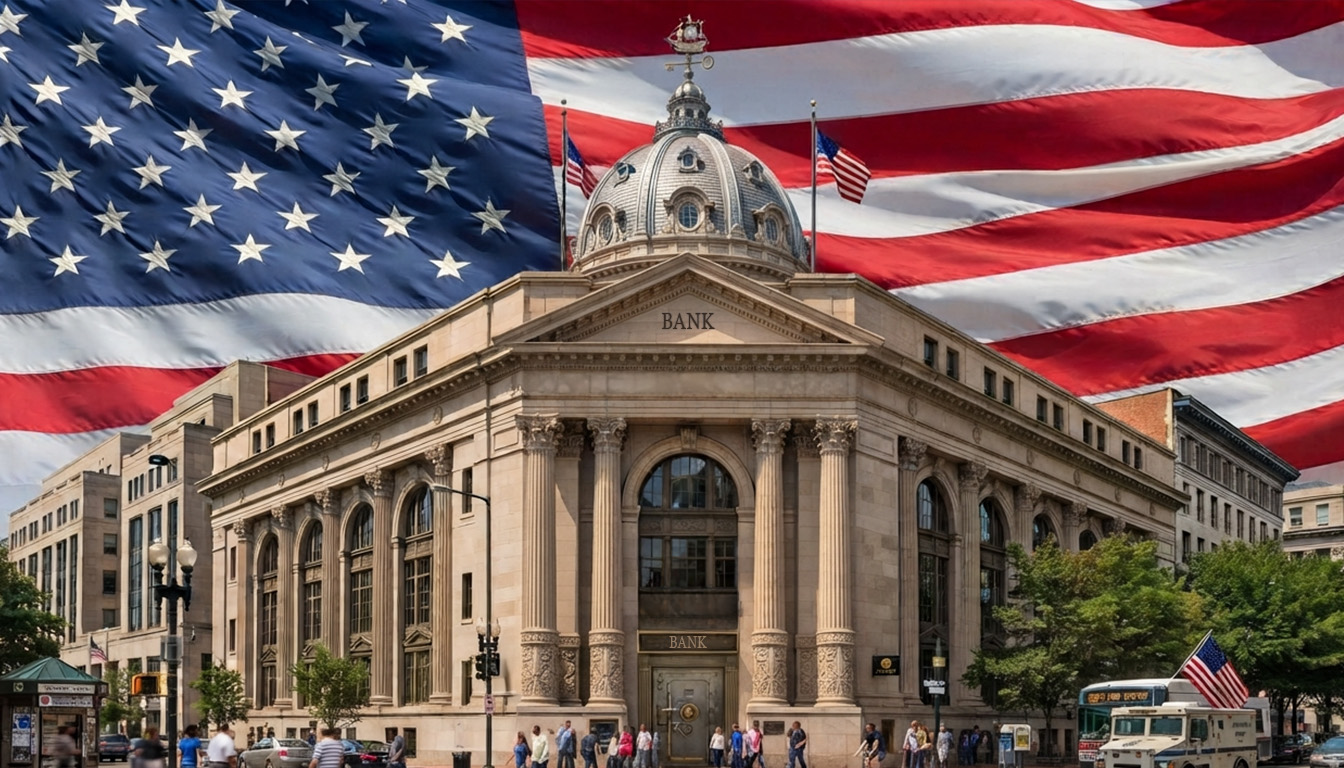 banca americana una banca con dietro la bandiera dell'America