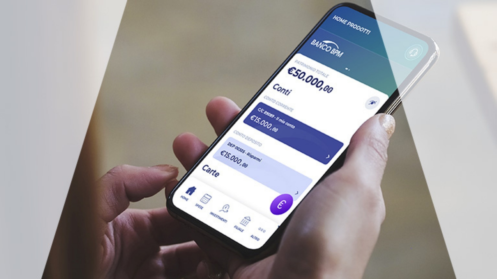 Schermata dell’app mobile Banco BPM con funzionalità bancarie digitali. Schermata dell’app mobile Banco BPM con funzionalità bancarie digitali.