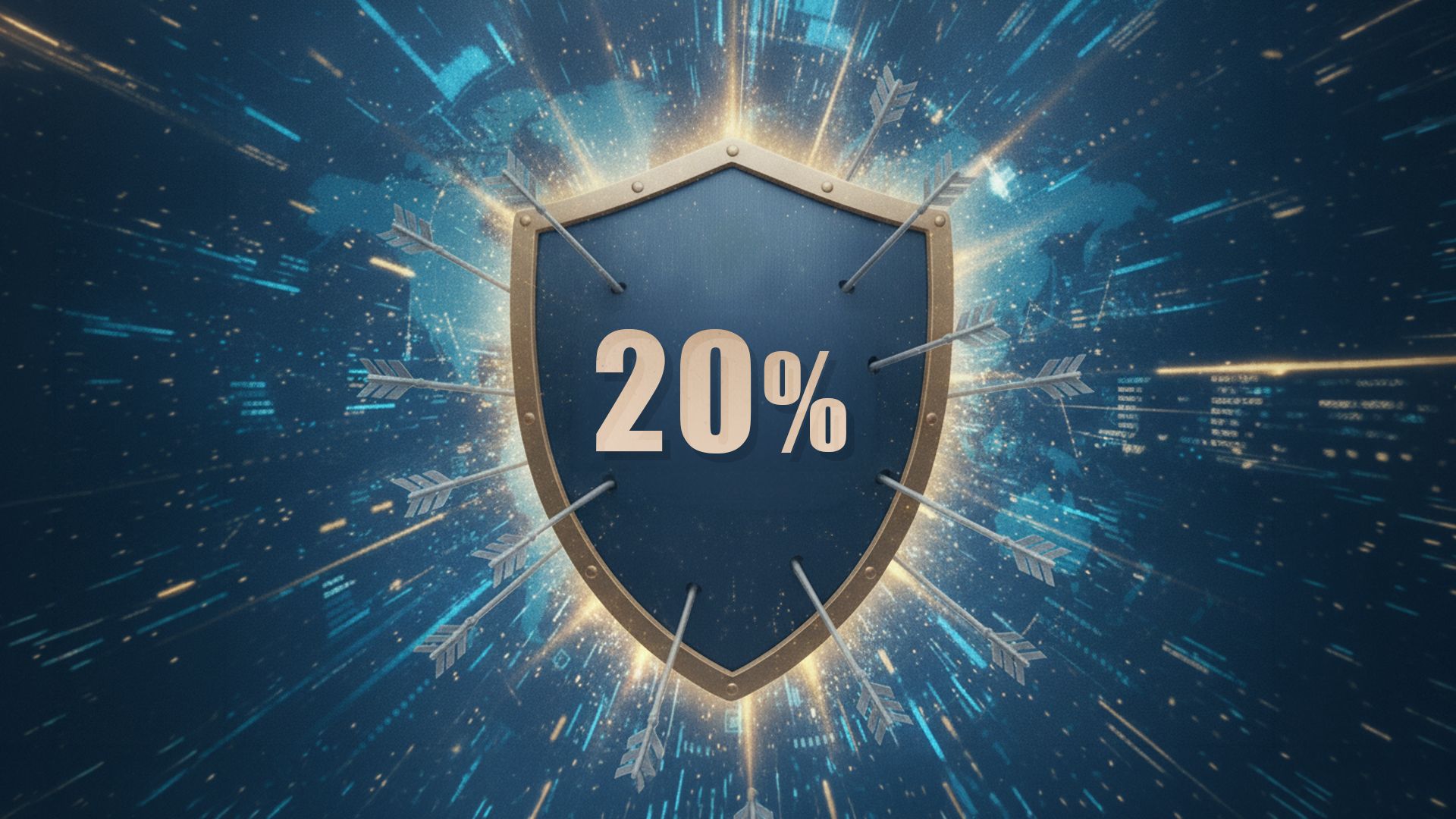 Scudo blu in primo piano su sfondo blu, con una mappa del mondo visibile sullo sfondo. Al centro dello scudo compare in evidenza la scritta “20%”.