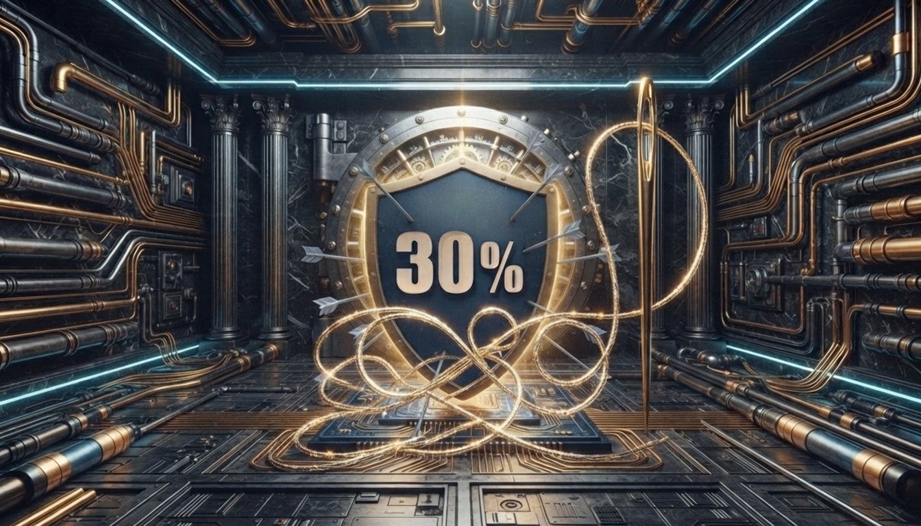 barriera al 30% con sottostanti scudo con inciso 30%. Lo sfondo è una cassaforte con de cavi elettrici, chip e un ago e filo
