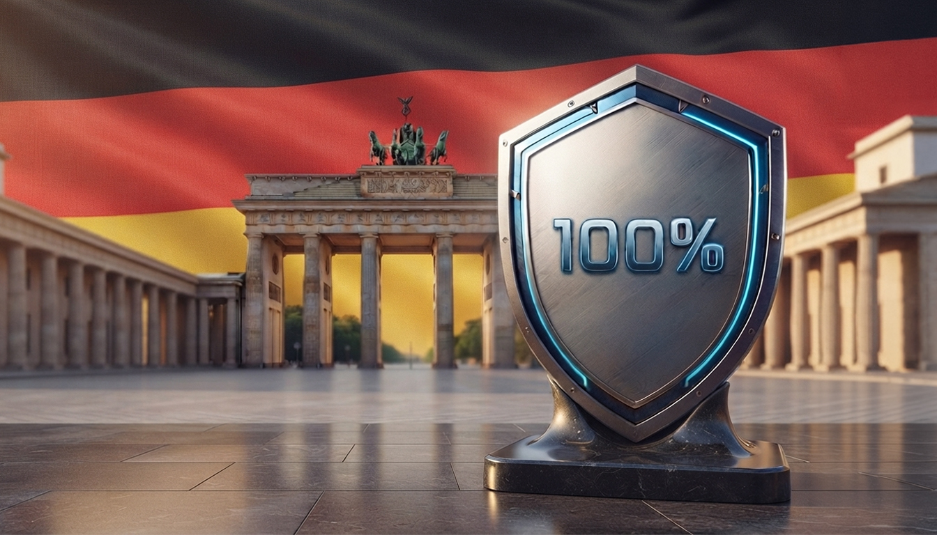 scudo con la scritta 100%. sullo sfondo un monumento tedesco con la bandiera tedesca 