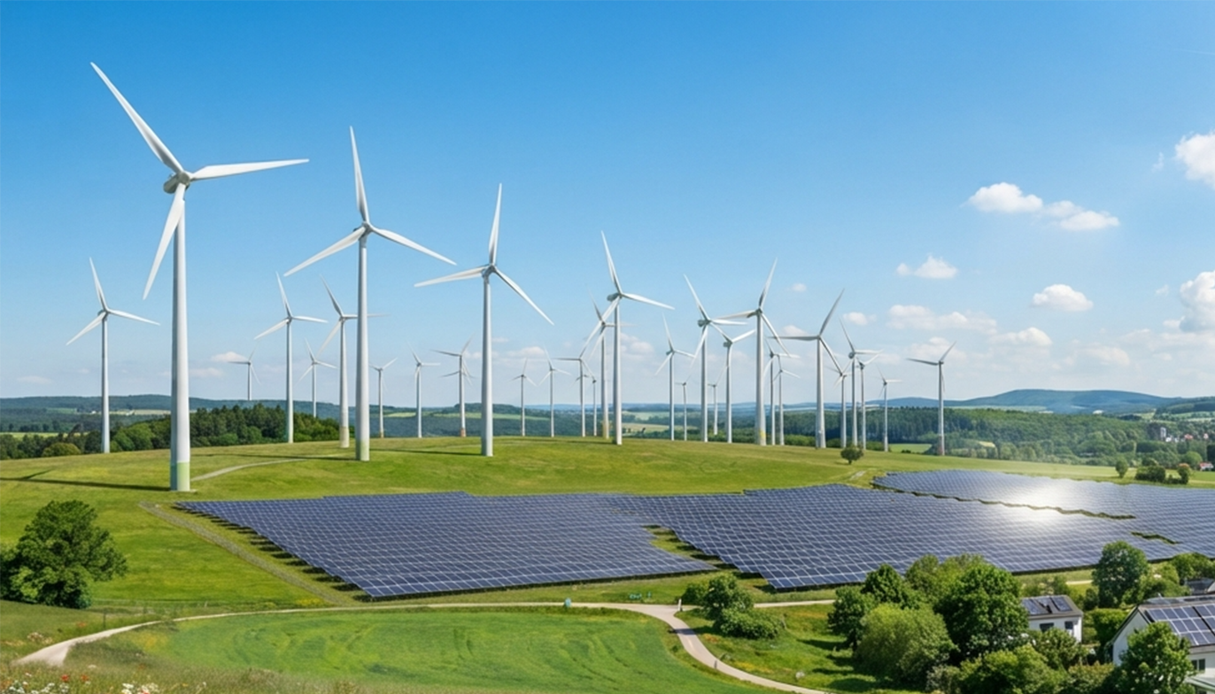 clean energy Su un prato verde, sotto un cielo azzurro, si trovano pale eoliche e pannelli solari.