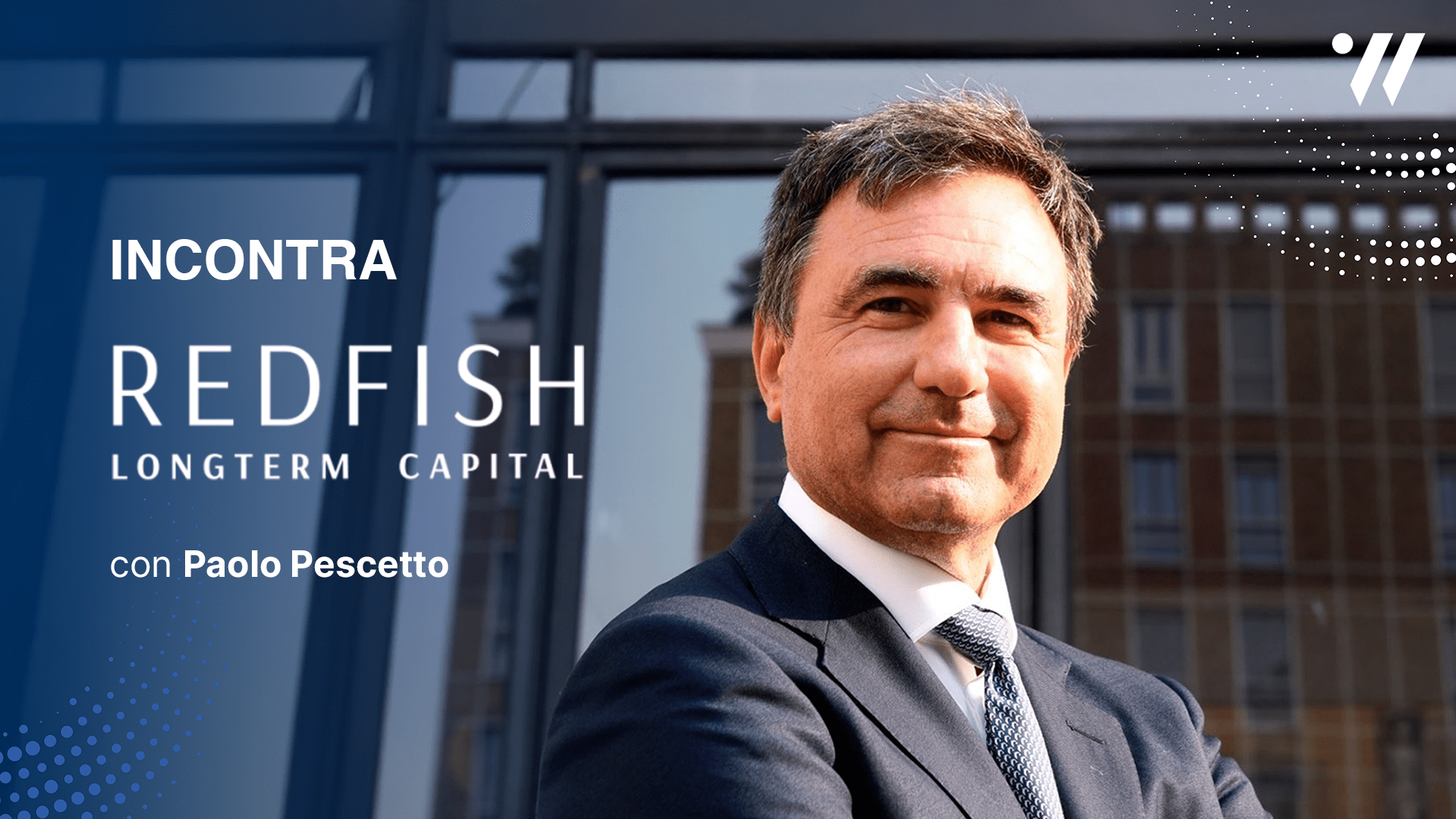 Paolo Pescetto in primo piano, a fianco il logo della società