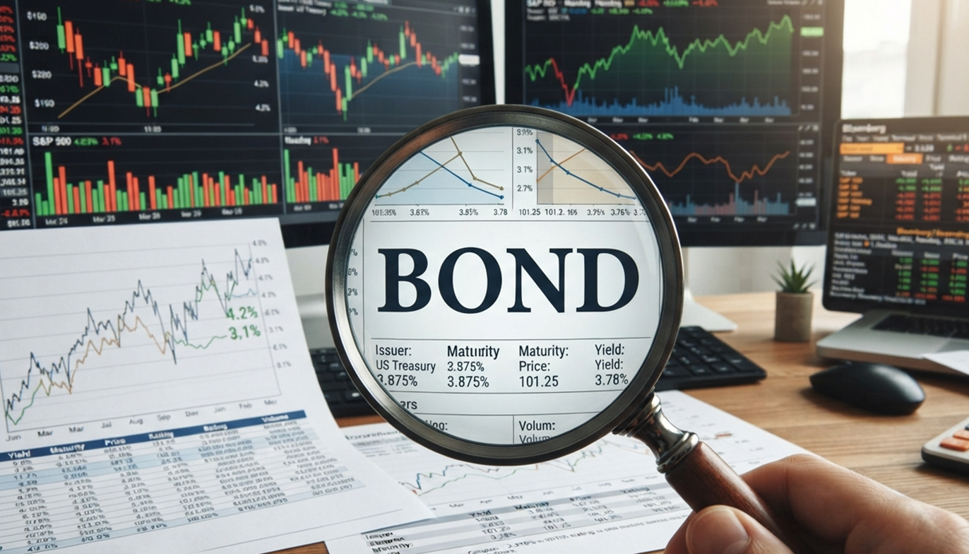 focus su bond Uno sfondo con foglio e computer che rappresentano grafici appoggiati ad una scrivania. al centro la parola bond ingrandita da una lente di ingrandimento