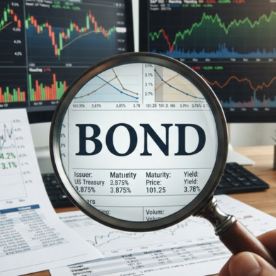 Uno sfondo con foglio e computer che rappresentano grafici appoggiati ad una scrivania. al centro la parola bond ingrandita da una lente di ingrandimento