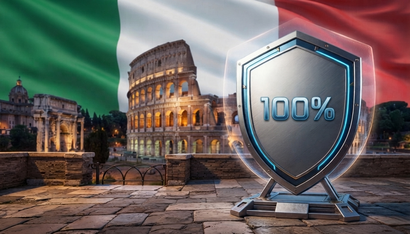 italia protetta bandiera italiana come sfondo. In lontananza il Colosseo con davanti, in primo piano, uno scudo con inciso la scritta "100%"