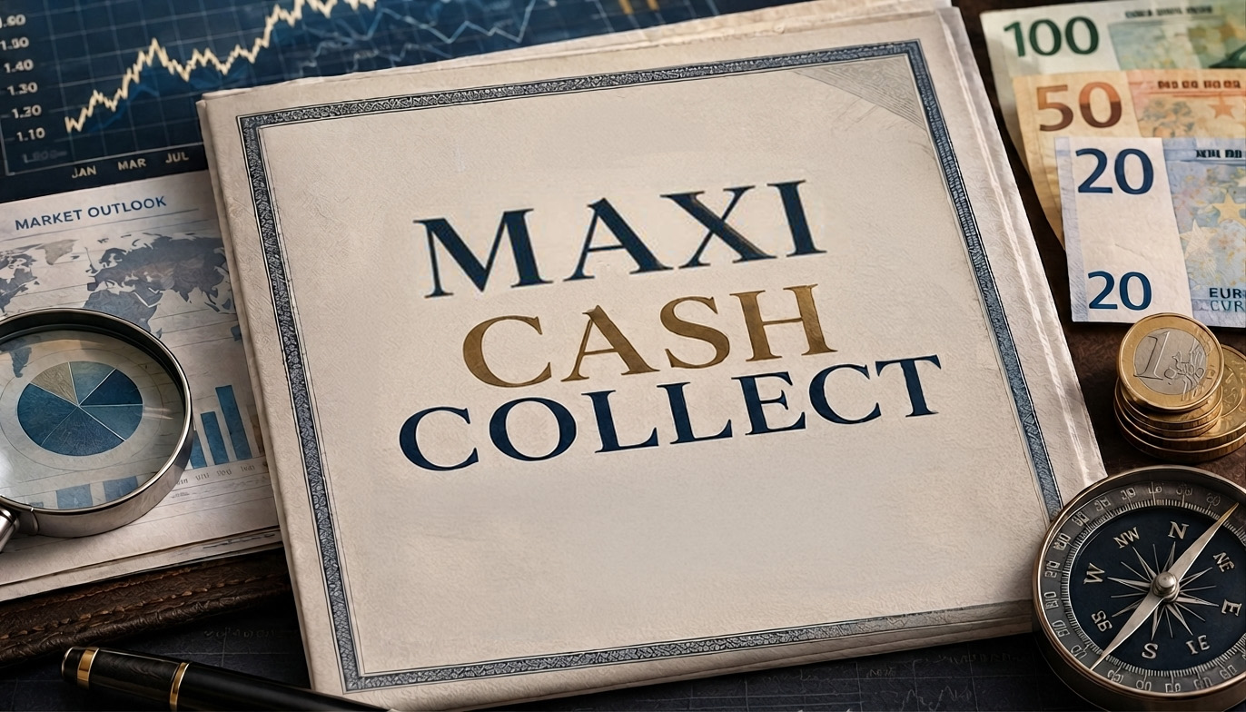 Maxi cash collect. Lo sfondo ha banconote, una bussola e delle cartine geografiche