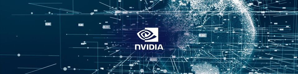 logo bianco nvidia con sfondo blu e fasci di luce per riprendere le connessioni digitali