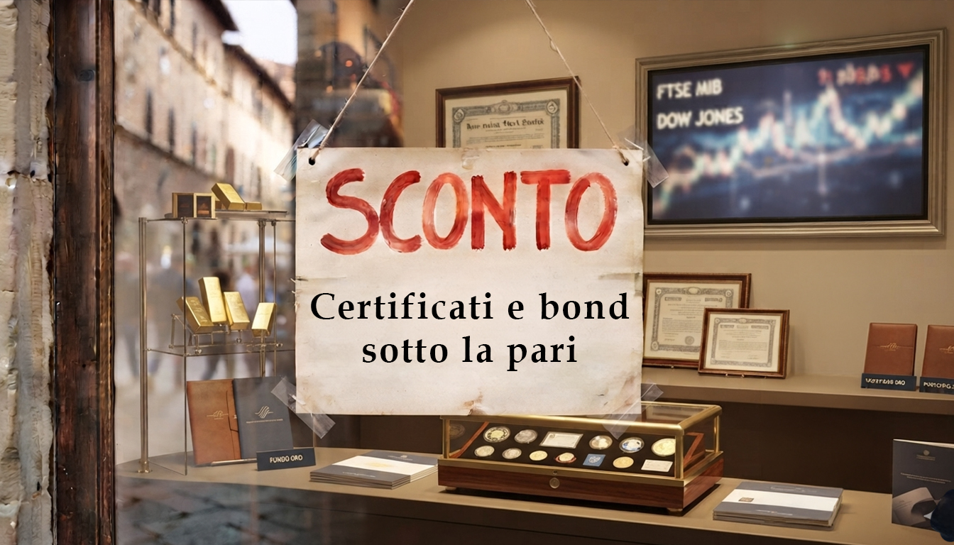 sconto vetrina con cartello con scritto "certificati e bond sotto la pari"