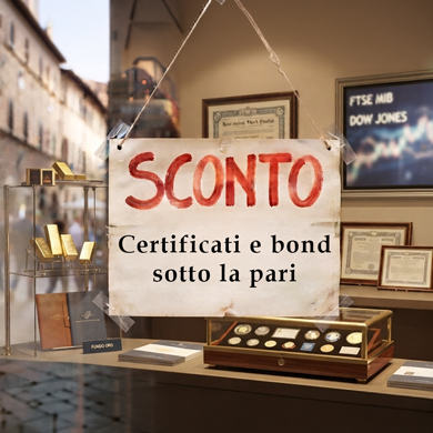 vetrina con cartello con scritto "certificati e bond sotto la pari"
