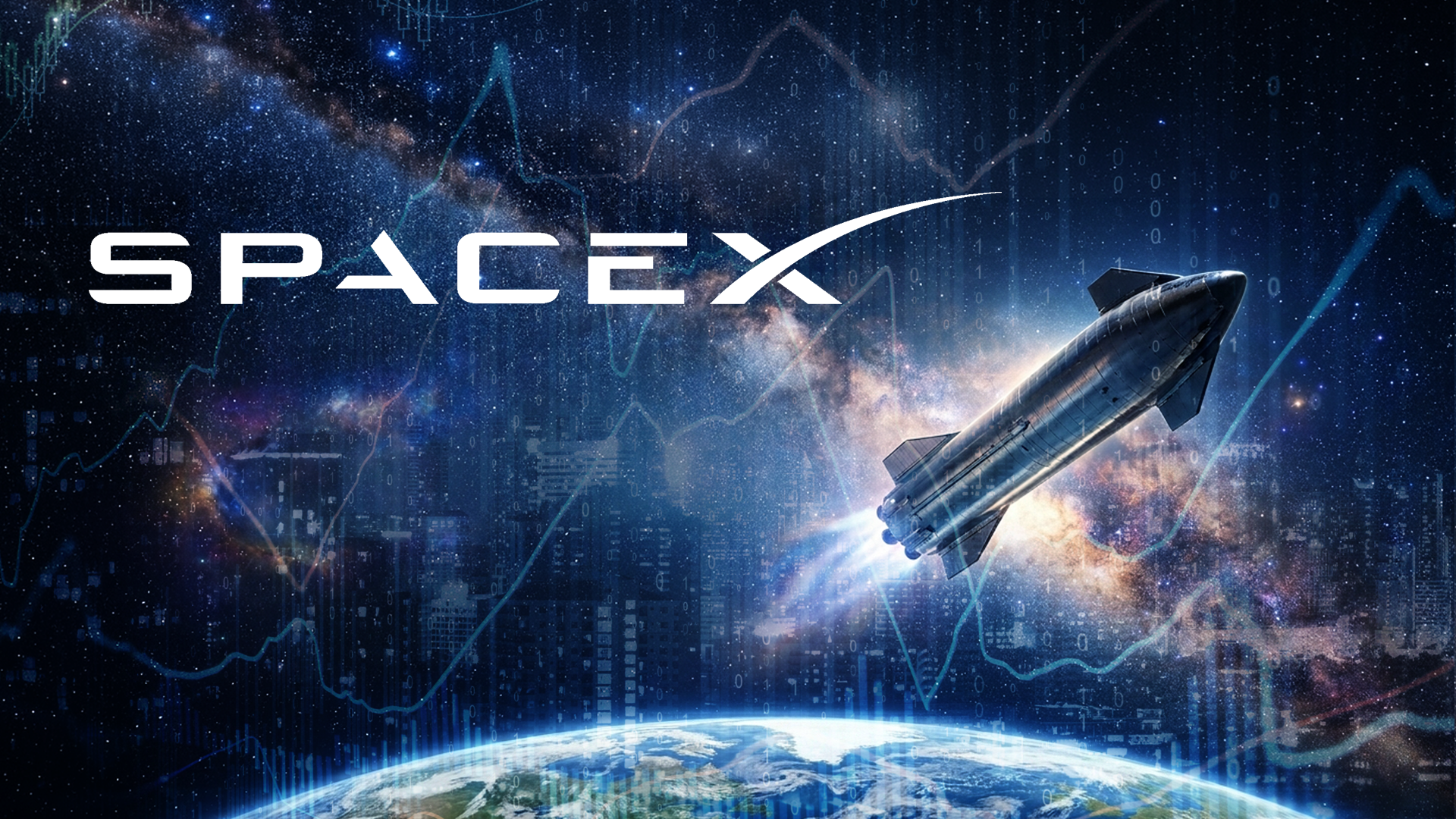 uno spazio con la terra e un missile. sopra c'è la scritta "Space x" e sullo sfondo è presente un grafico
