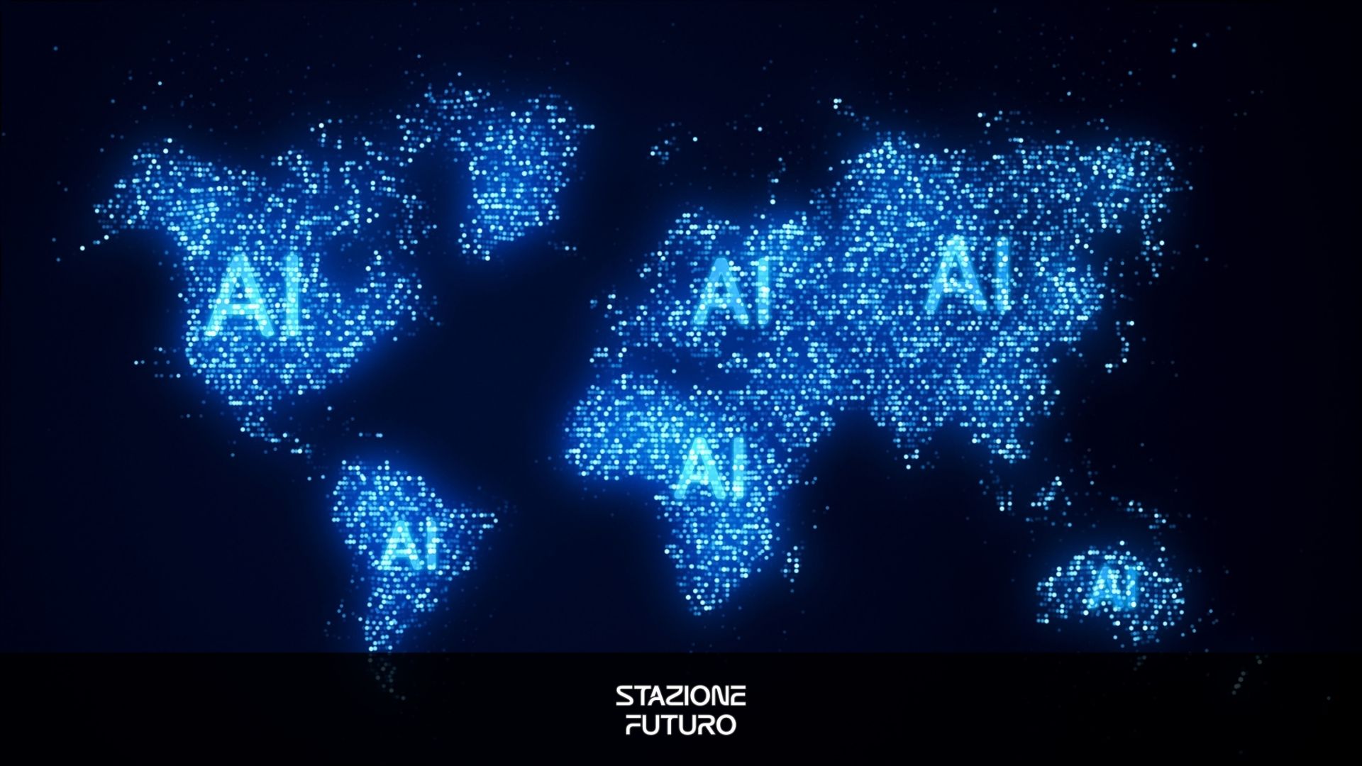 Stazione futuro-innovazione Continenti illuminati da interconnessioni dettate da AI. Sfondo scuro