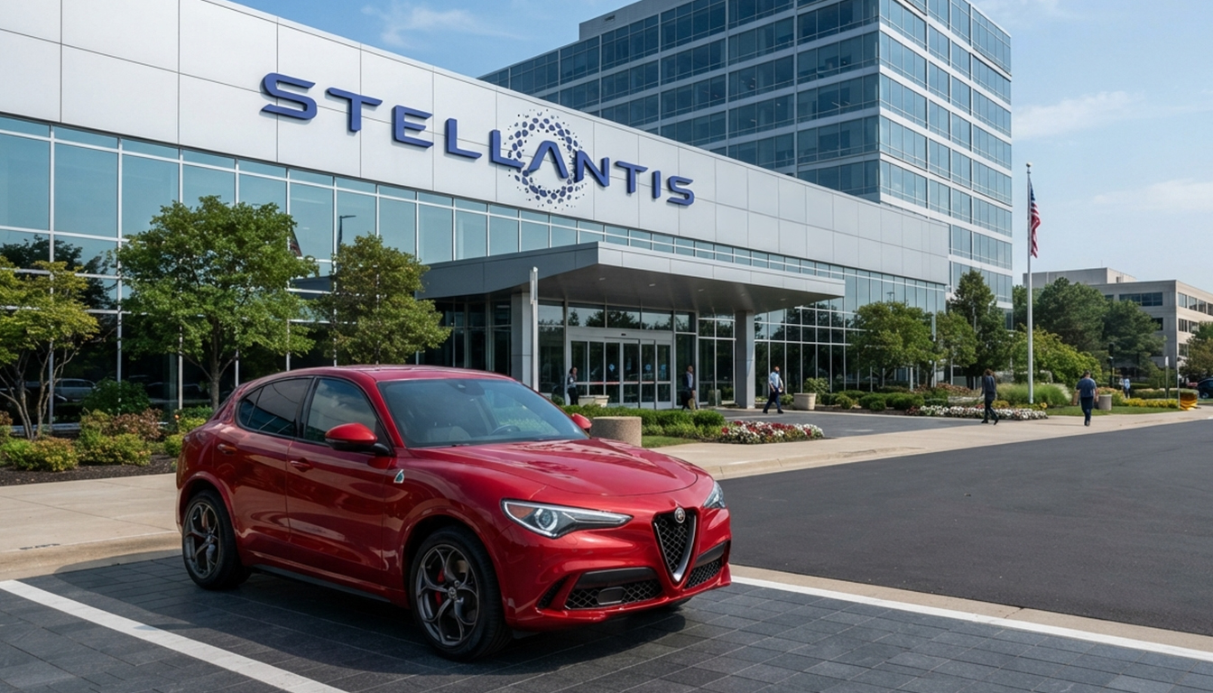 azienda stellantis con davanti una macchina rossa