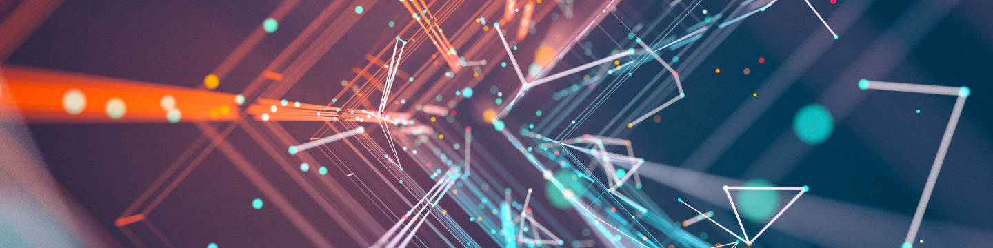 Rete di connessioni luminose su sfondo nero, flusso dati tech.