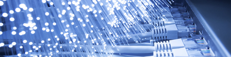Primo piano di cavi in fibra ottica, con fasci di luce colorata per rappresentare la trasmissione dati.