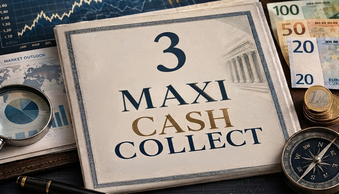 un foglio rovinato con scritto sopra 3 maxi cash collect. Il foglio è appoggiato su un piano dove ci sono banconote, grafici, una lente di ingrandimento e una bussola