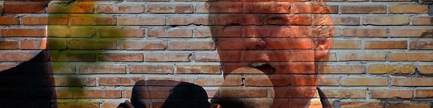 Parete a mattoni su cui è proiettata l'immagine di Trump mentre fa un comizio.