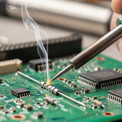 Operatore mentre posiziona un chip elettronico su una scheda
