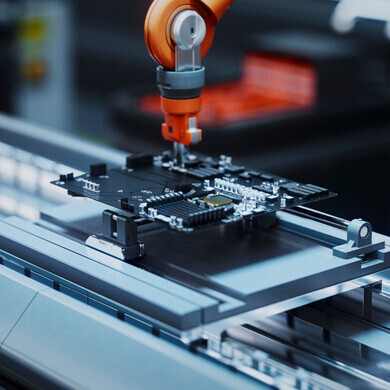 Un braccio robotico di precisione monta una scheda madre su una linea di assemblaggio automatizzata in una moderna fabbrica di elettronica, evidenziando produzione avanzata, tecnologia ed efficienza.