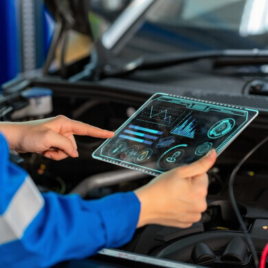 Tecnico specializzato controlla le prestazioni del motore dopo manutenzione e setup in officina, utilizzando strumenti digitali avanzati.