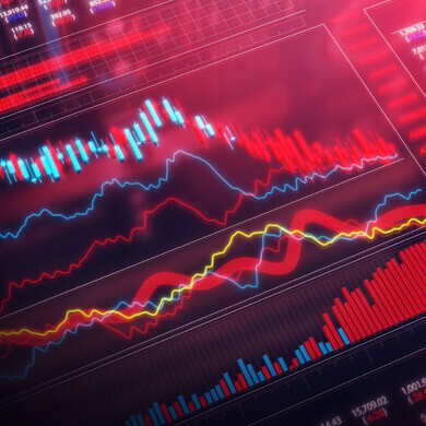 Tabellone digitale del trading che mostra dati sul crollo dei mercati azionari globali.