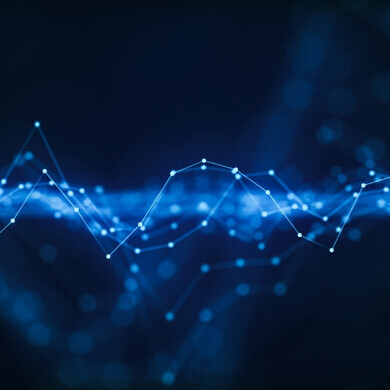 Onda digitale astratta blu formata da nodi e linee luminosi interconnessi, simbolo di trasmissione dati, reti neurali o analisi dei mercati finanziari, ideale per tecnologia, intelligenza artificiale e blockchain.