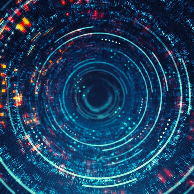 Immagine digitale generata di un tunnel circolare astratto di dati che visualizza velocità e tecnologia.