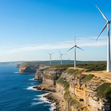 Pale eoliche installate lungo la costa vicino al mare.