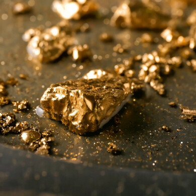 Piccoli frammenti e pepite d’oro su sfondo neutro