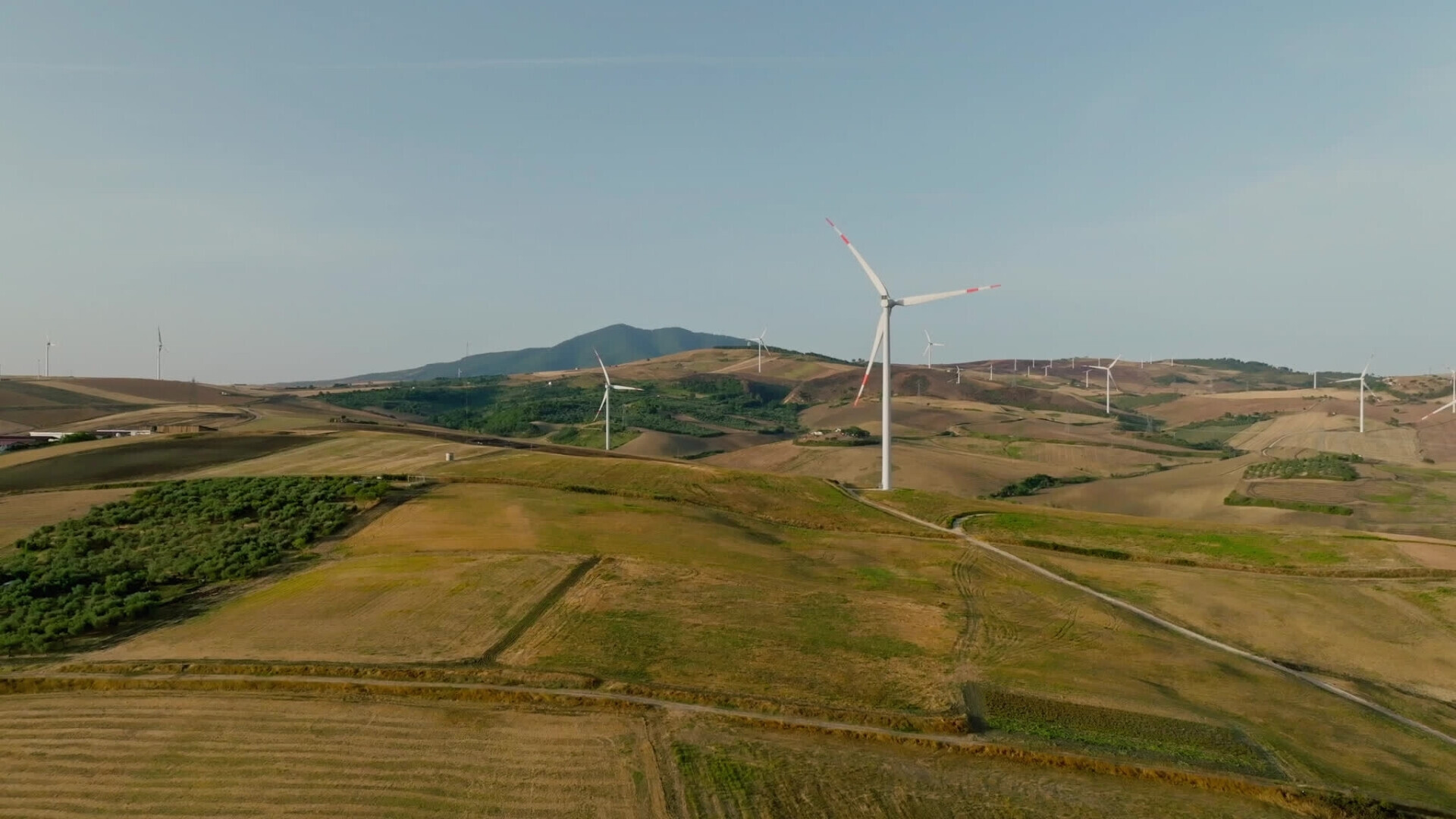 Parco eolico in paesaggio verdeggiante italiano