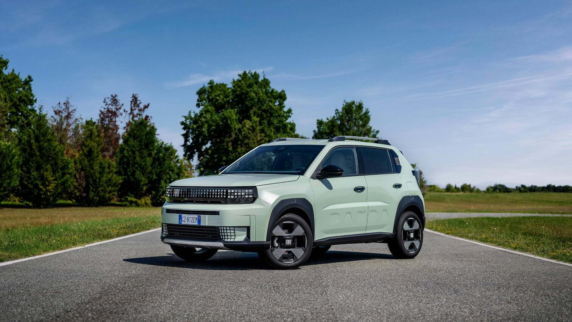 Fiat Grande Panda parcheggiata, vista frontale e laterale, veicolo compatto per uso urbano.