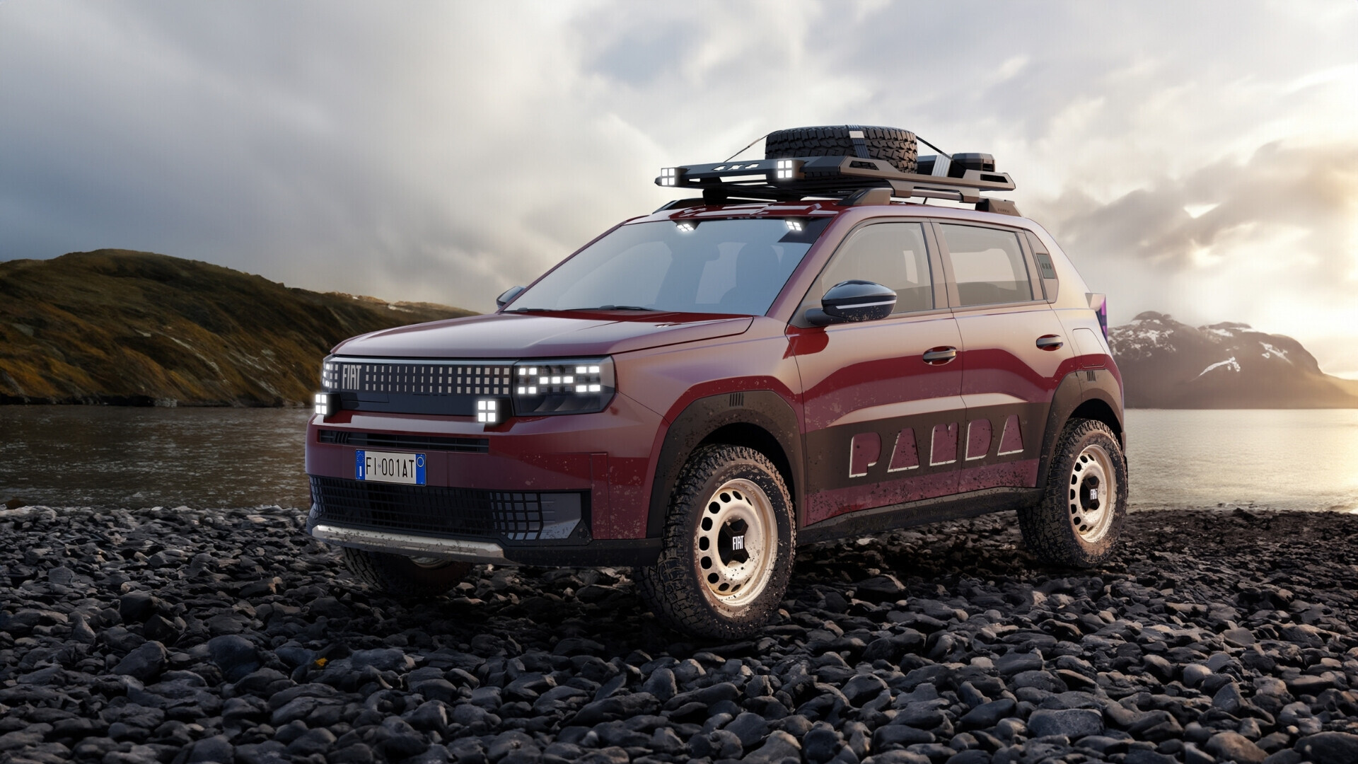 Fiat Grande Panda 4x4 ritratta in manifesto promozionale, evidenziando capacità off-road e design robusto.