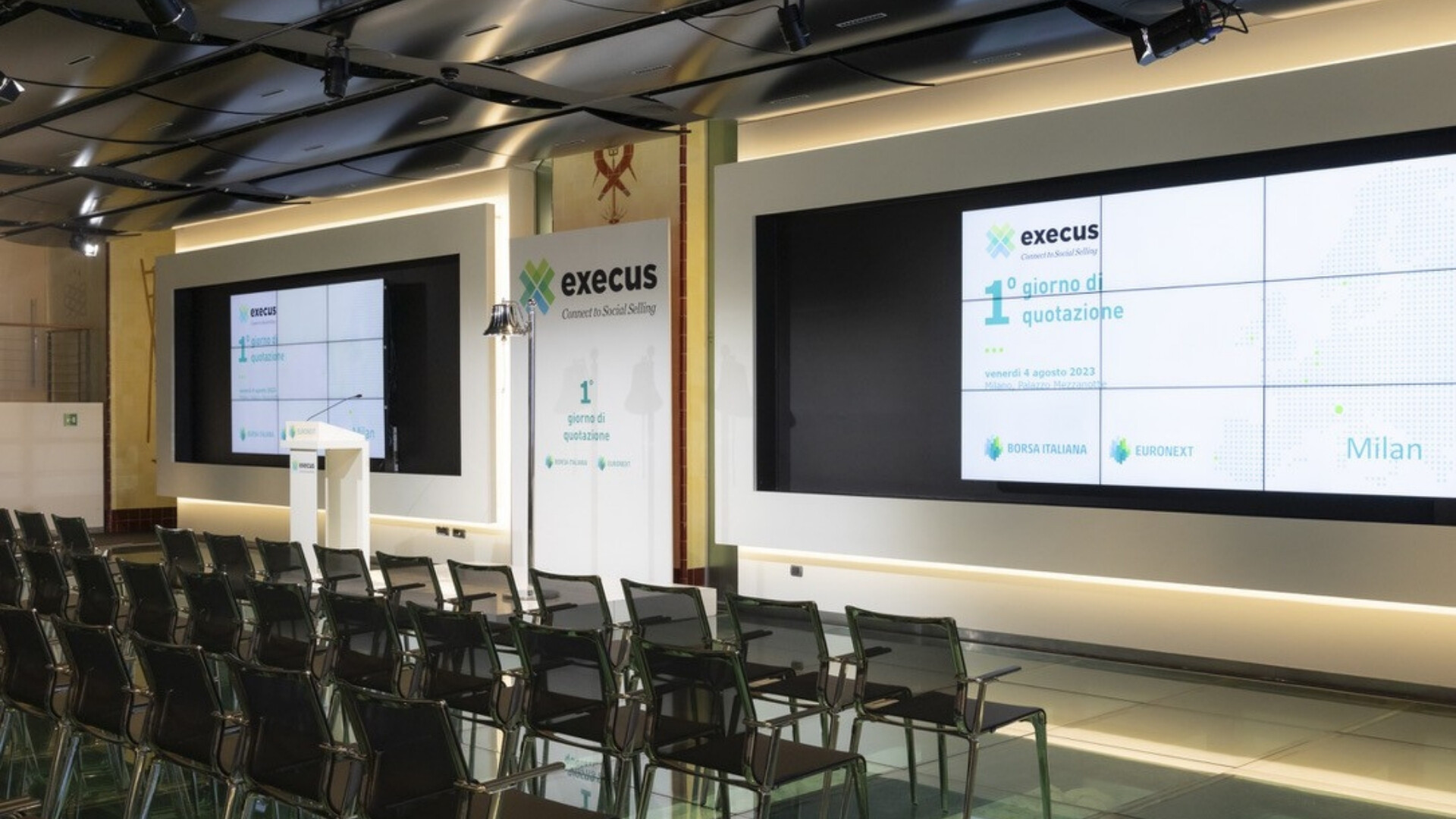 Primo giorno di quotazione Execus Celebrazione del primo giorno di quotazione di Execus alla Borsa Italiana.