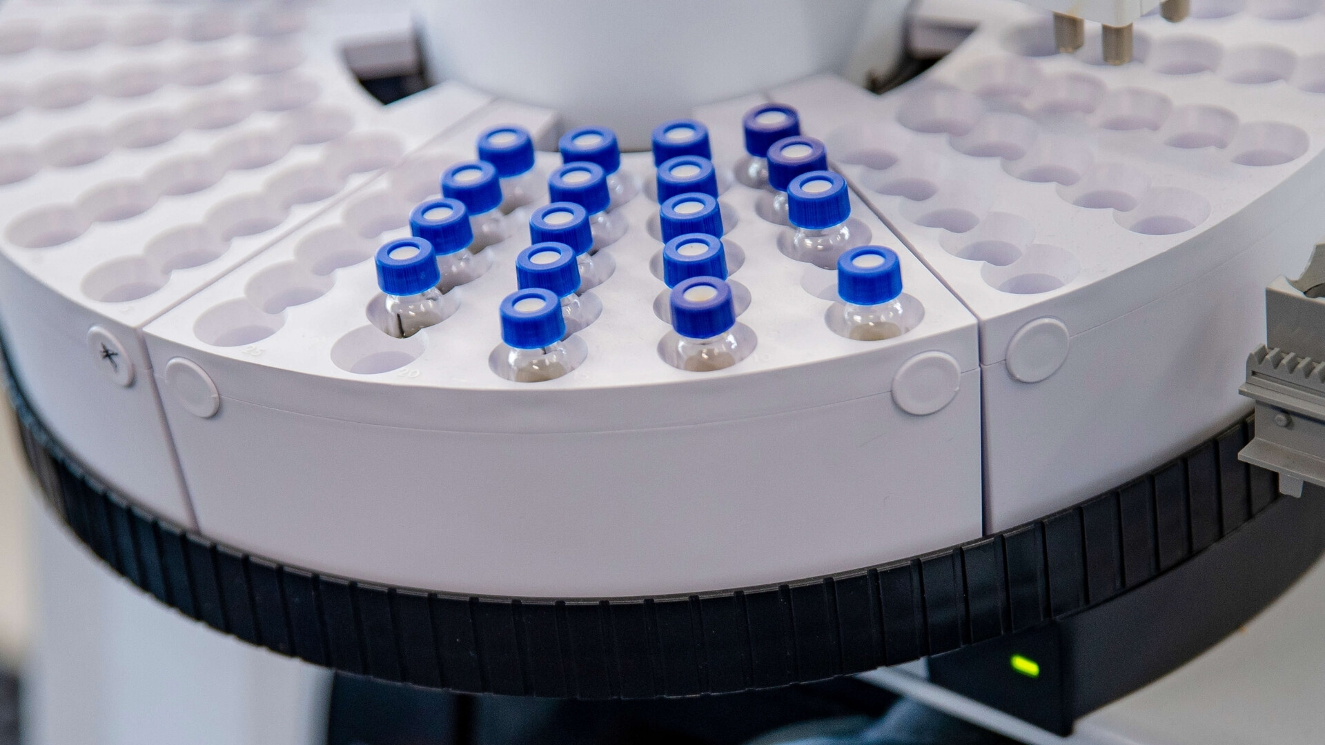 Provette contenenti campioni nei laboratori di Misitano & Stracuzzi, con focus scientifico.