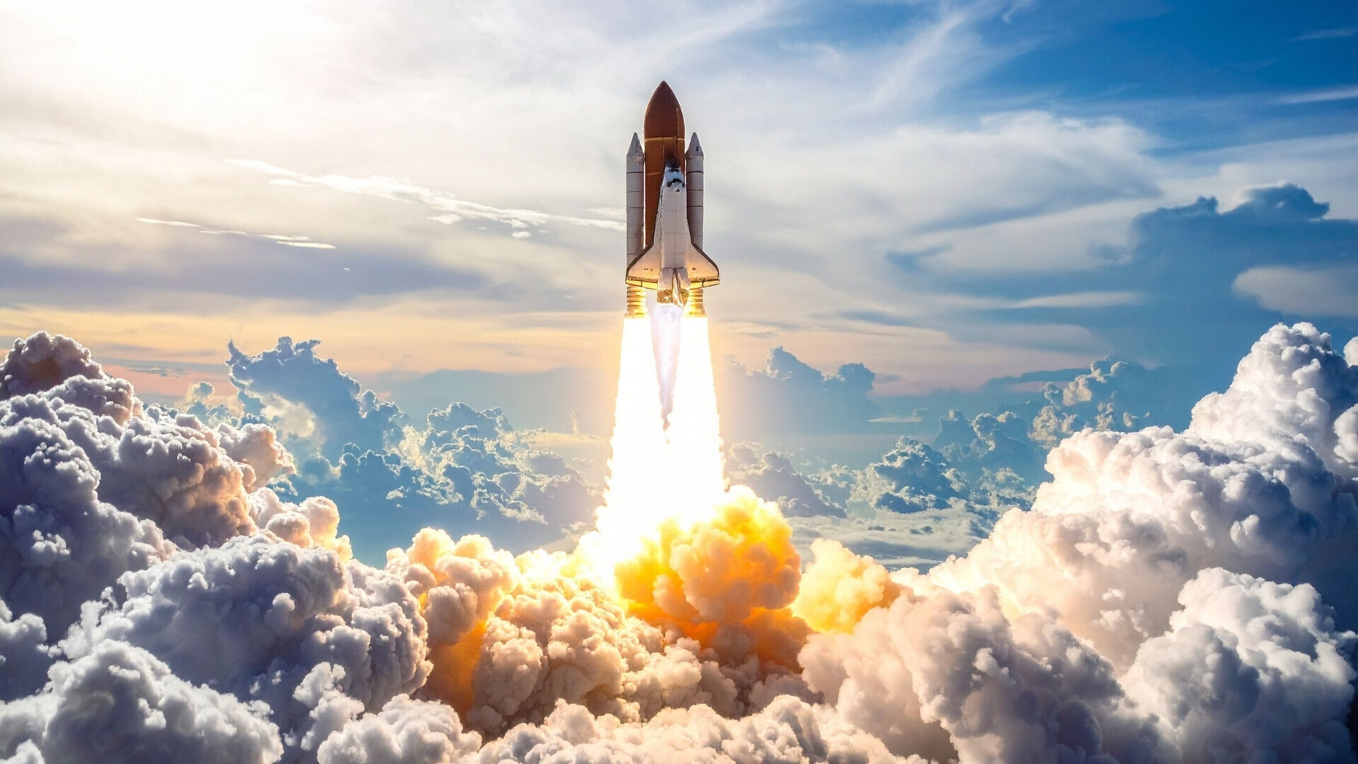 Razzo spaziale al momento del decollo con fiamme e fumo alla base