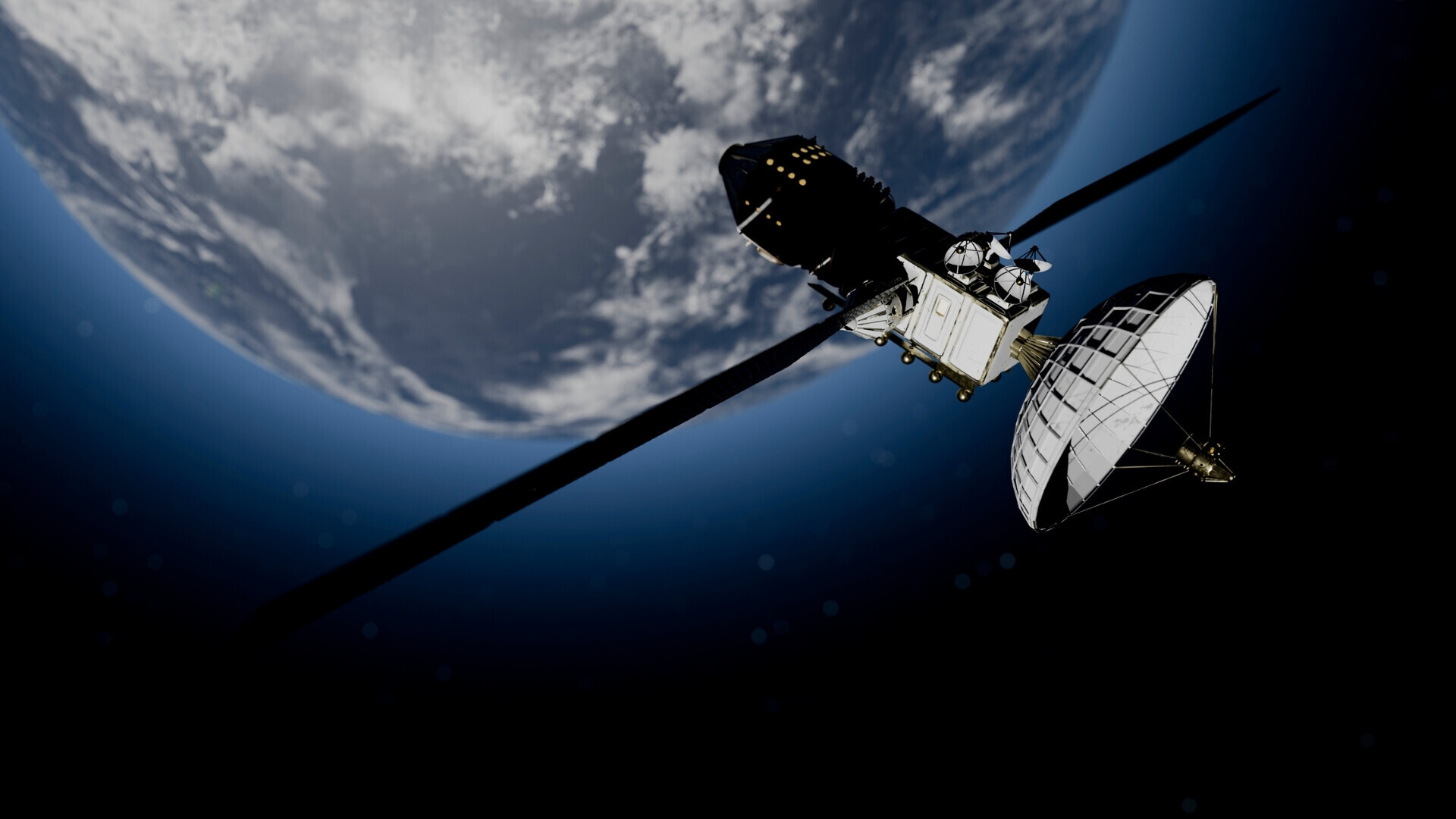 Rappresentazione digitale di satellite in orbita terrestre, con pianeta visibile sotto e spazio profondo sullo sfondo.