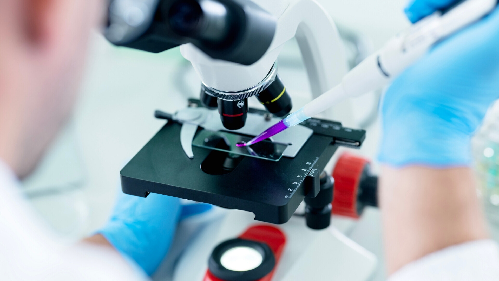 Ricerca e sviluppo in ambito sanitario e medico per migliorare la qualità dell’assistenza sanitaria per tutti Scienziati o ricercatori maschi analizzano campioni scientifici e chimici usando un microscopio da laboratorio farmaceutico.