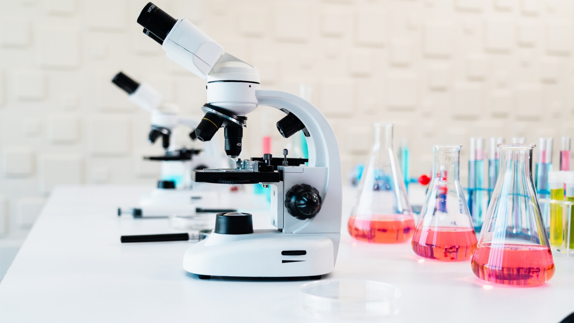 Più microscopi moderni allineati su un banco di laboratorio pulito, pronti per lezioni di scienza, ricerca universitaria o formazione medica.