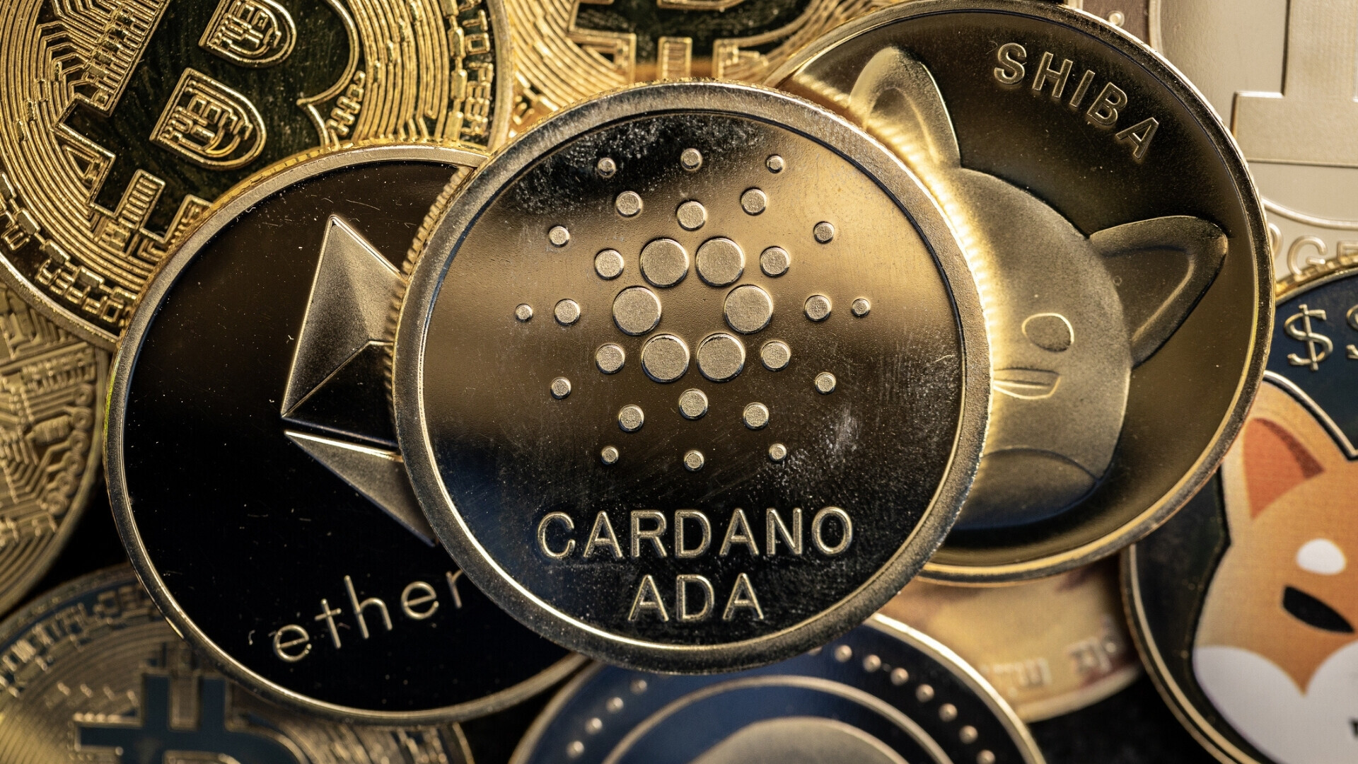 Primo piano della moneta di criptovaluta Cardano Ada, in cima ad altre monete di criptovaluta Primo piano di una moneta della criptovaluta Cardano (ADA) posizionata sopra altre monete digitali, simbolo di finanza e criptovalute.