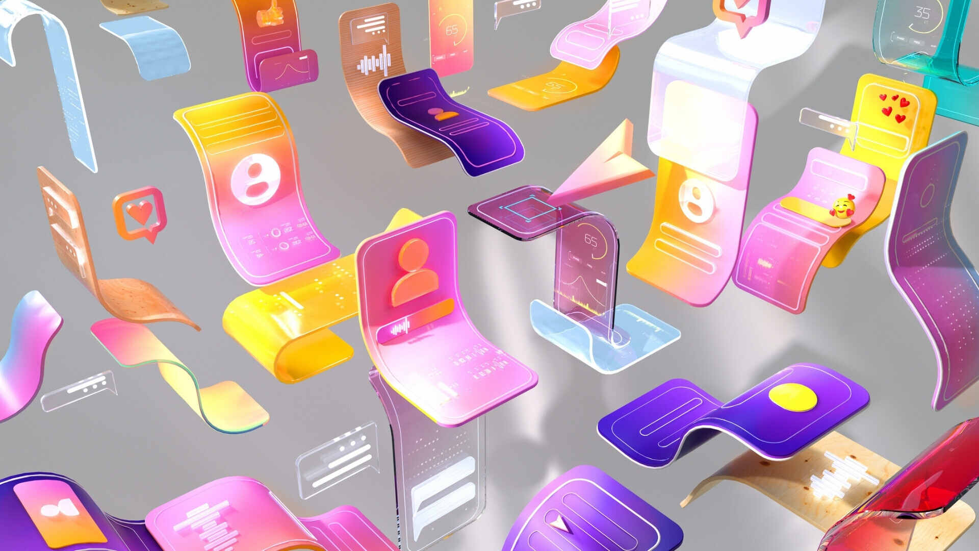 Immagine digitale generata di icone astratte dei social media su schermi curvi multicolori, su sfondo bianco.