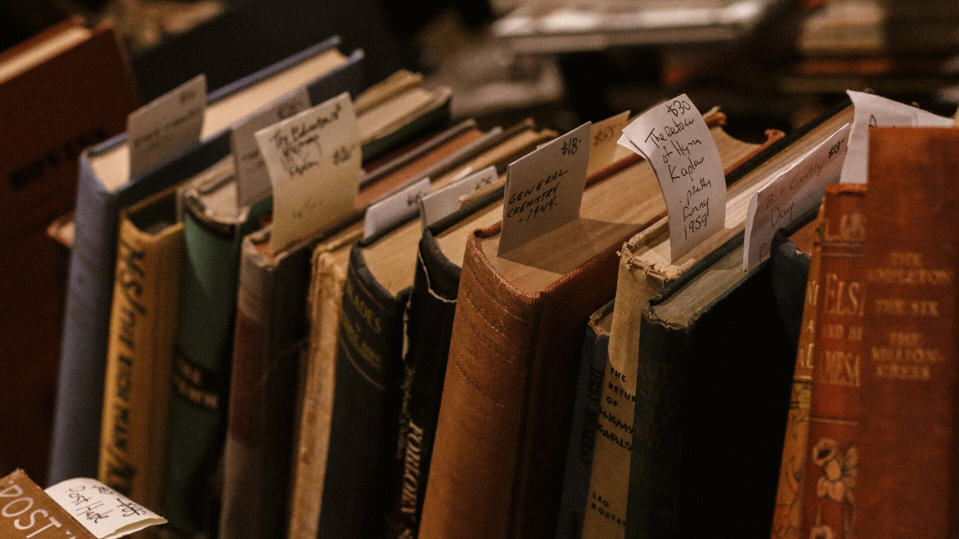 Libri antichi con copertine rilegati in pelle, ordinati verticalmente su una libreria in legno scuro