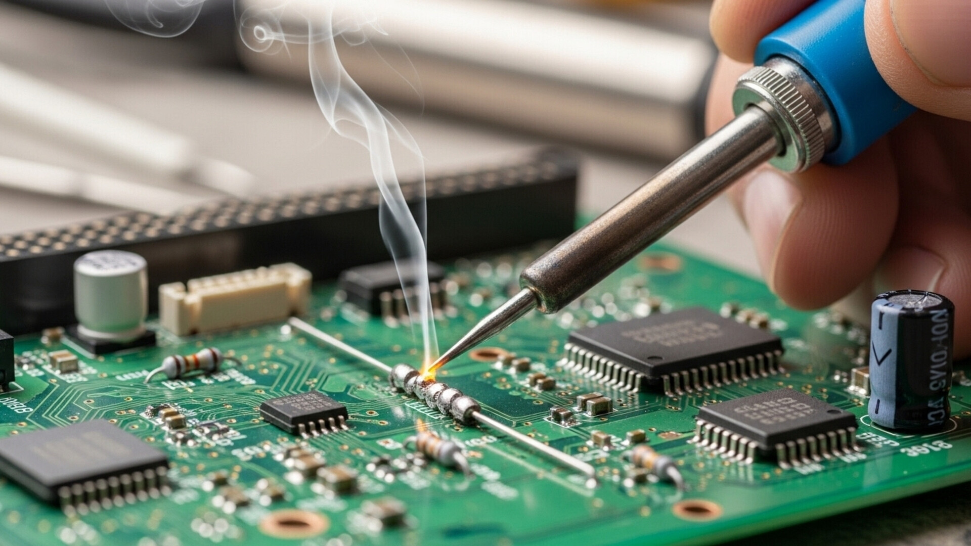 Operatore mentre posiziona un chip elettronico su una scheda