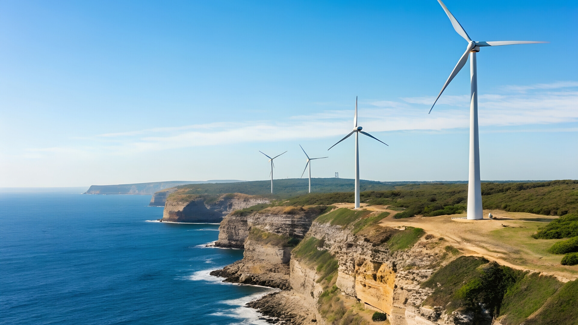 Pale eoliche installate lungo la costa vicino al mare.