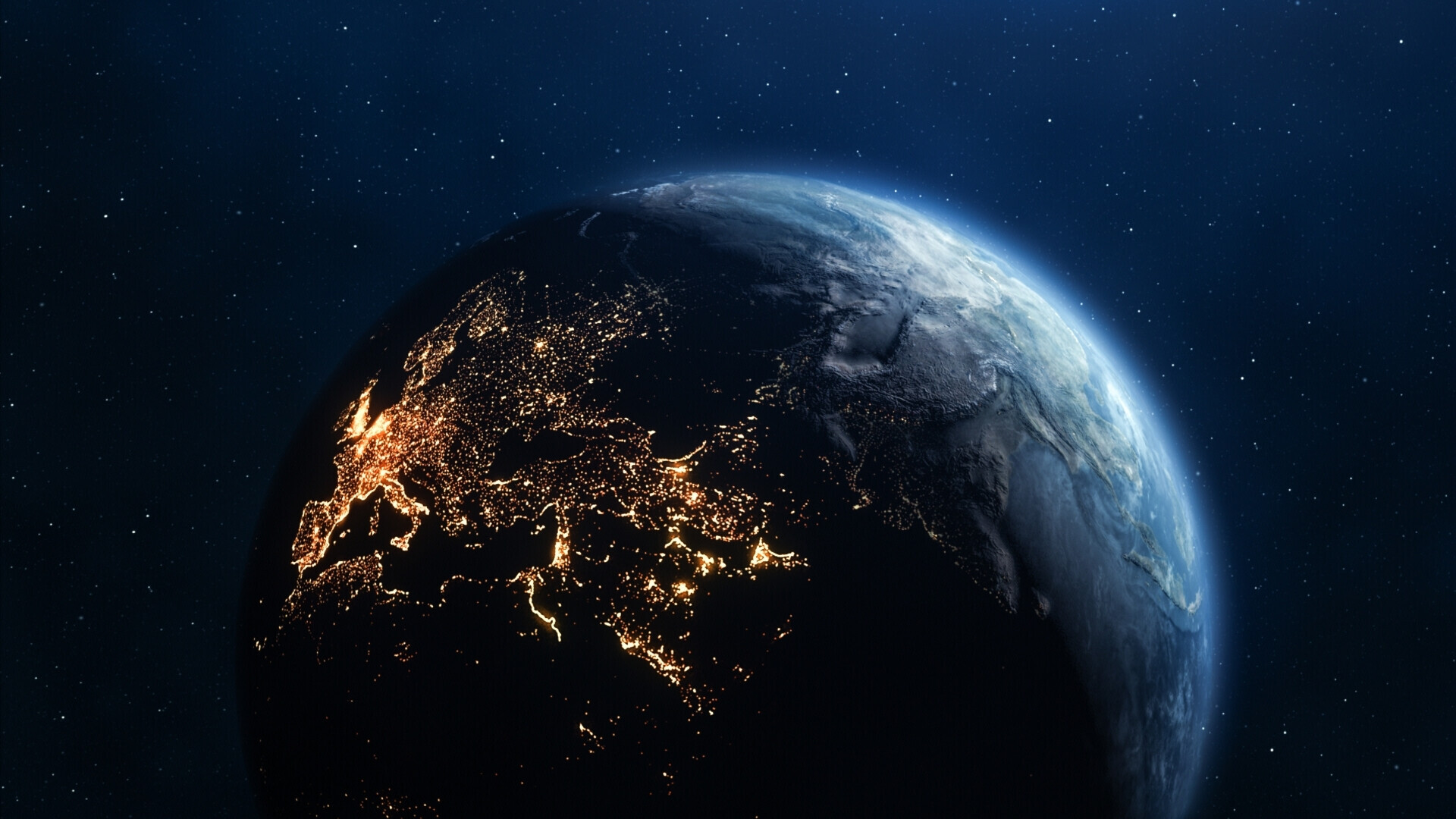 Vista aerea della terra con focus sull'Europa illuminata