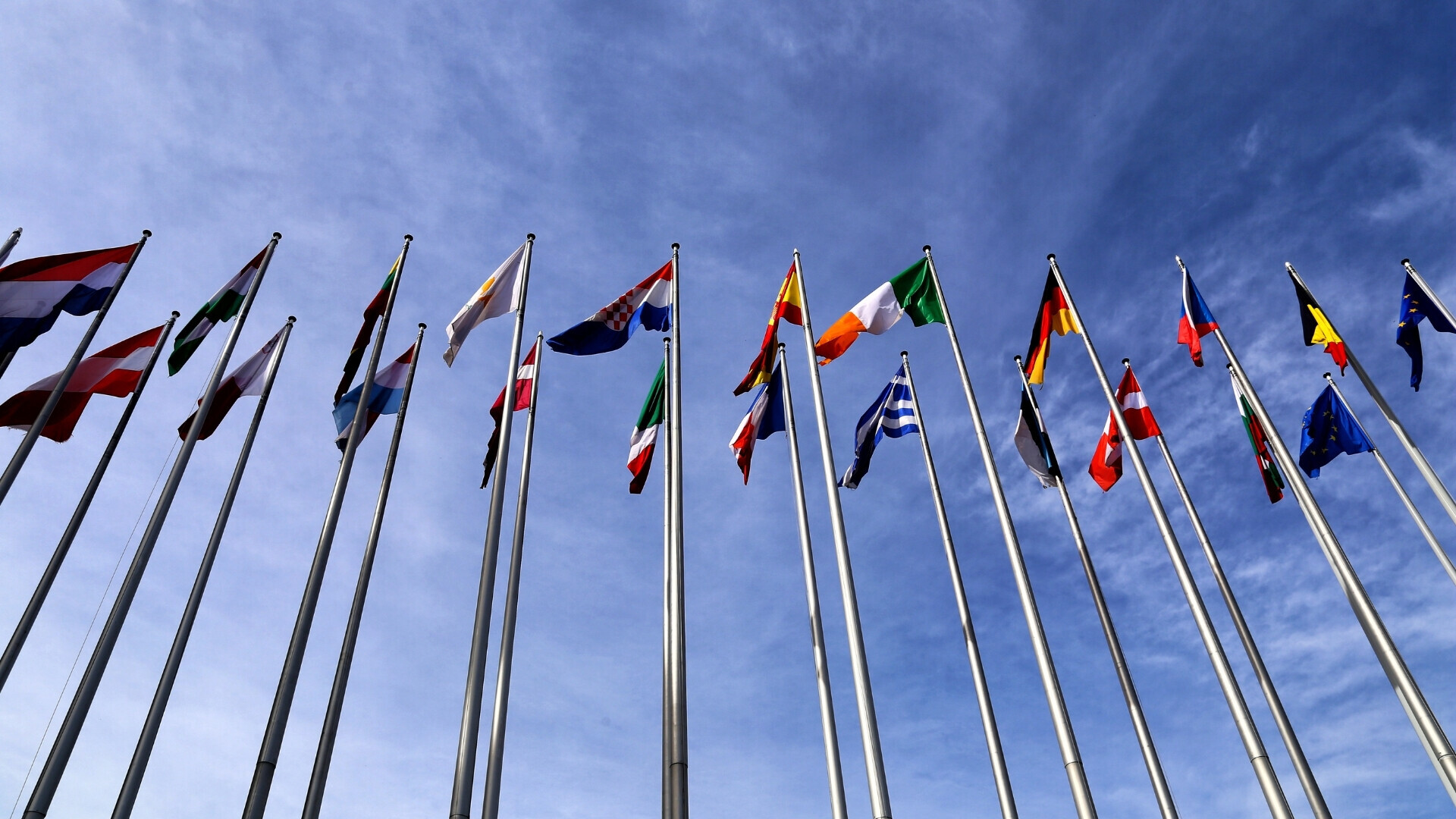 Bandiere Unione Europea fuori dal Parlamento di Strasburgo, Francia.